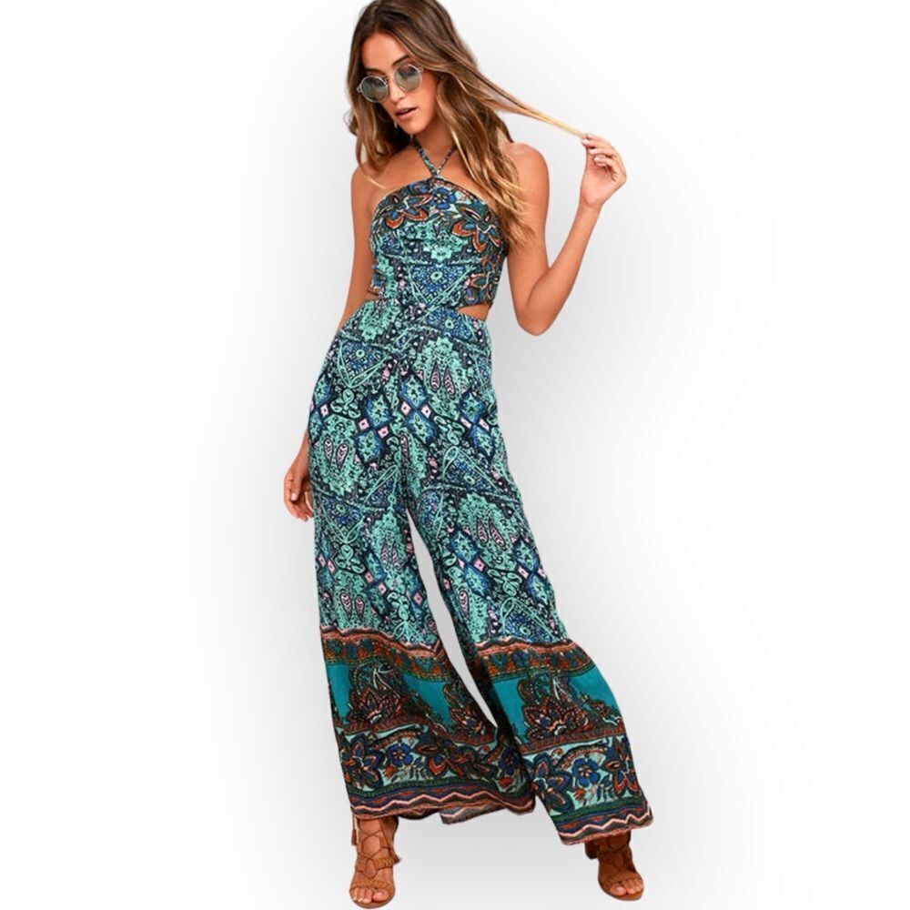 Free People Maribelle Navy Print Jumpsuit Size XS